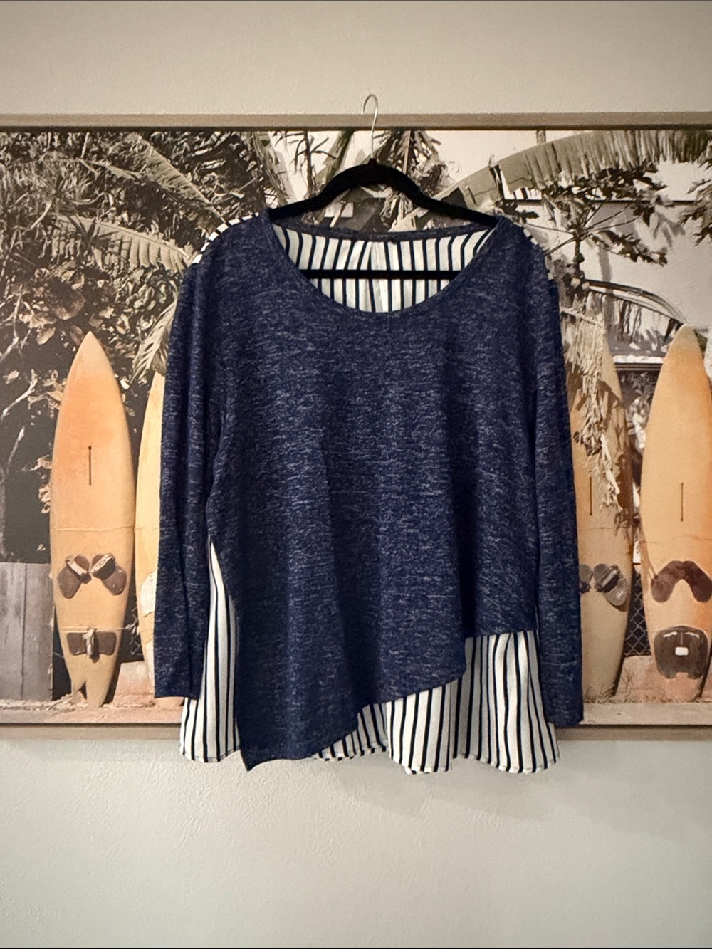 Navy Layered Knit Top with Striped Hem